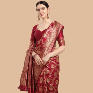 Maroon & Gold Ethnic Motifs Zari Silk Blend Banarasi Saree